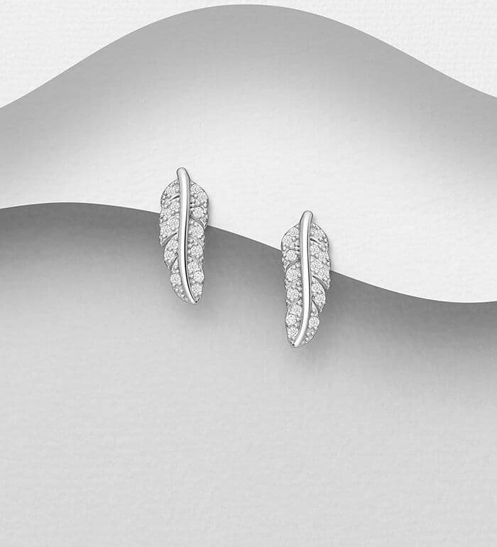 925 Sterling Silver Feather Stud Earrings, Set with CZ Simulated Diamonds -Guaranteed to add  spark