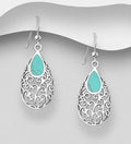 925 Sterling Silver Filigree Hook/Drop Earrings, Decorated with Sky Blue Turquoise