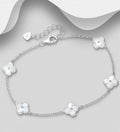 925 Sterling Silver Flower Bracelet, Decorated with Mother of Pearl Shell