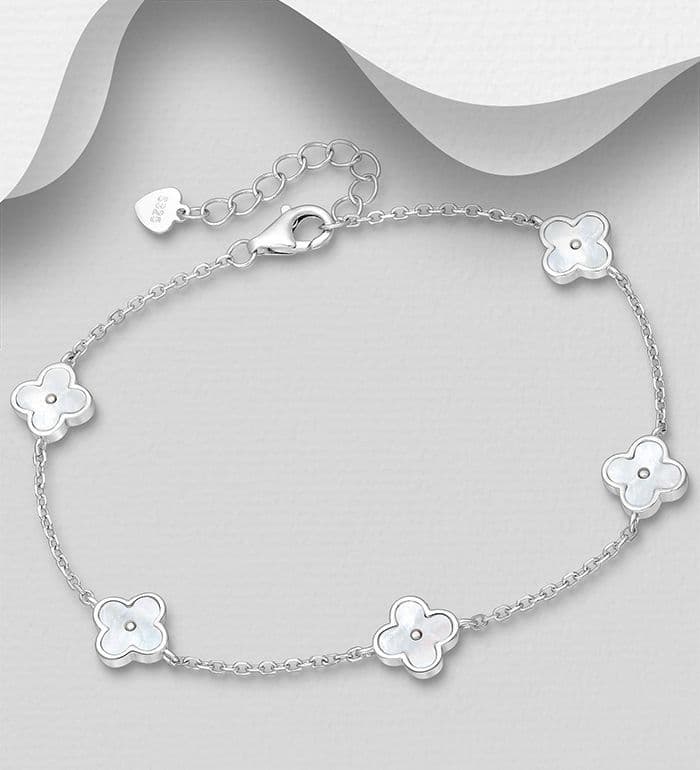 925 Sterling Silver Flower Bracelet, Decorated with Mother of Pearl Shell