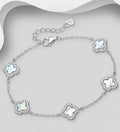 925 Sterling Silver Flower Bracelet, Set with White Mother of Pearl Shell & CZ Simulated Diamonds