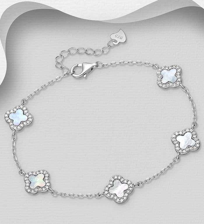 925 Sterling Silver Flower Bracelet, Set with White Mother of Pearl Shell & CZ Simulated Diamonds