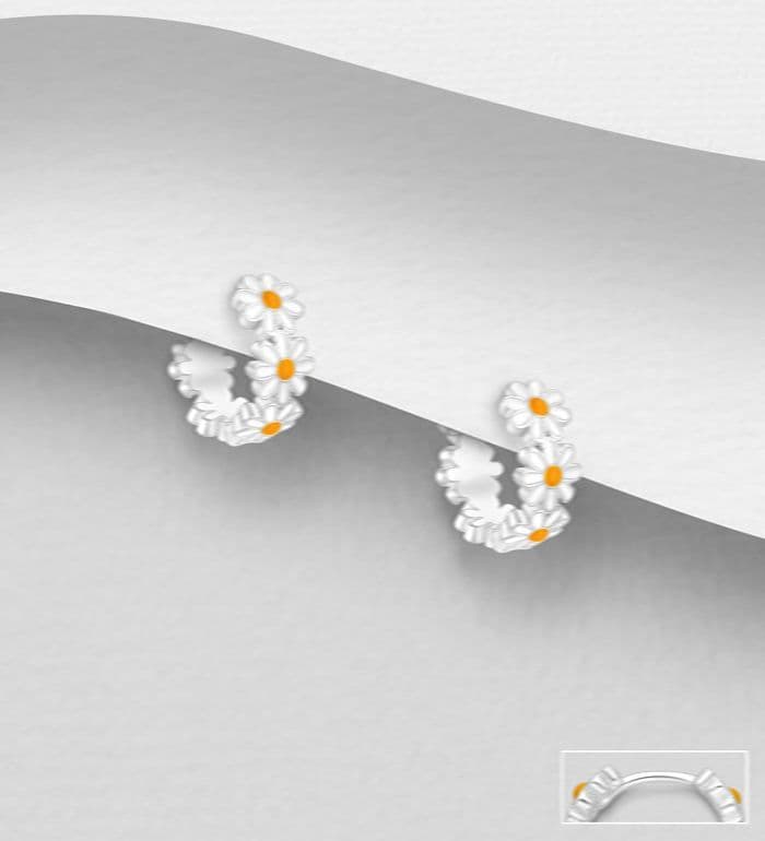 925 Sterling Silver Flower Hoop Earrings, Decorated with Coloured Enamel