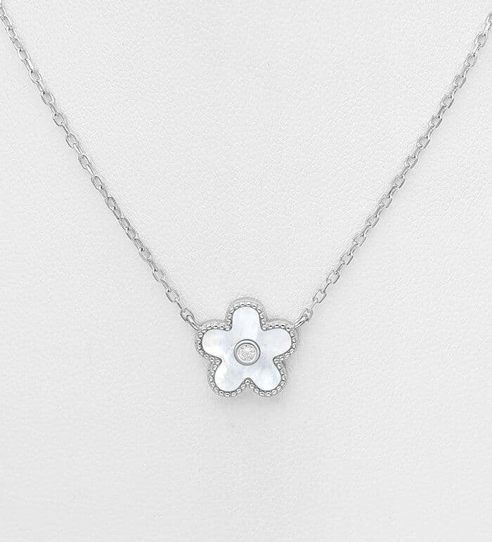 925 Sterling Silver Flower Necklace, Decorated with other of Pearl Shell and CZ Simulated Diamond