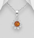 925 Sterling Silver Flower Pendant & Chain, Decorated with Baltic Amber