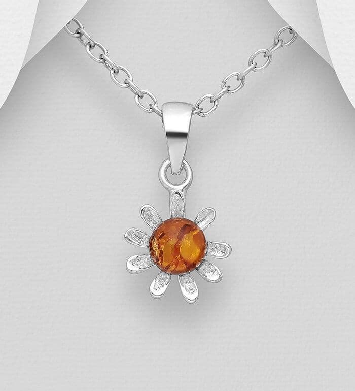 925 Sterling Silver Flower Pendant & Chain, Decorated with Baltic Amber