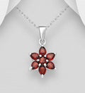 925 Sterling Silver Flower Pendant & Chain, Decorated with Garnet