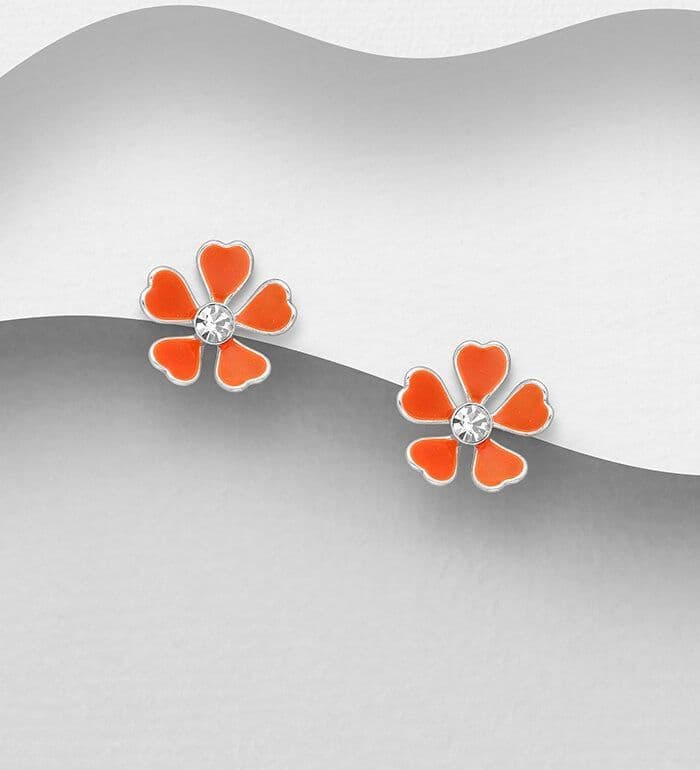 925 Sterling Silver Flower Push-Back Earrings, Decorated with Coloured Enamel and Crystal Glass