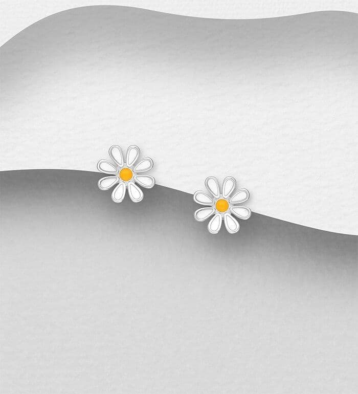 925 Sterling Silver Flower Push-Back/Stud Earrings, Decorated with Yellow & White Coloured Enamel