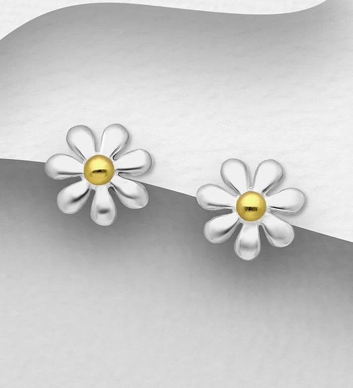 925 Sterling Silver Flower-Stud Earrings, Pollen Plated with 1 Micron of18K Yellow Gold