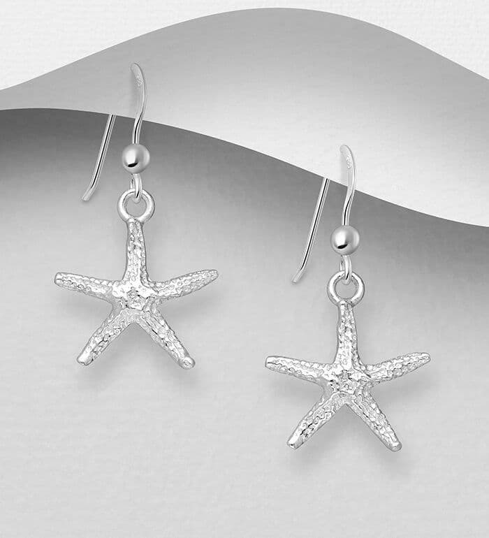925 Sterling Silver Frosted Finish Starfish Hook/Drop Earrings