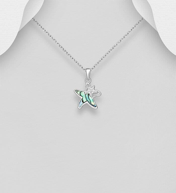 925 Sterling Silver Hand Crafted Starfish Pendant & Chain, Decorated with Abalone Shell