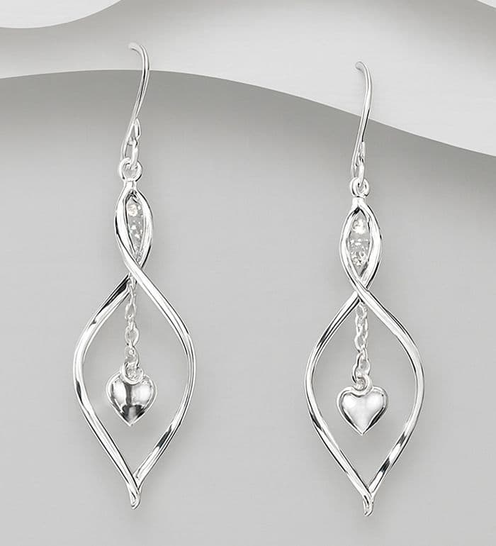 925 Sterling Silver Hand Crafted Twist Drop Earrings Featuring a Suspended Heart Charm