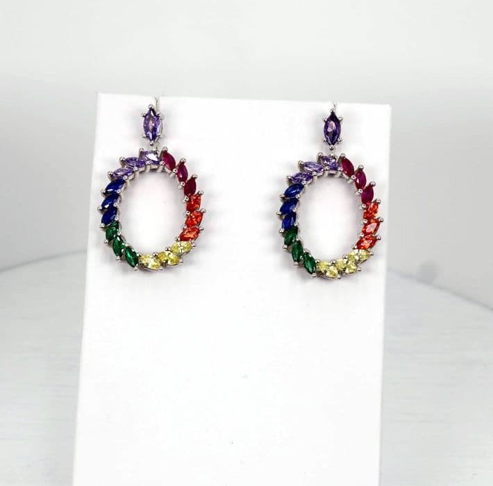 925 Sterling Silver Hand Made Drop Push Back Earrings Decorated With Multi Colour Gem Stones. WOW! W