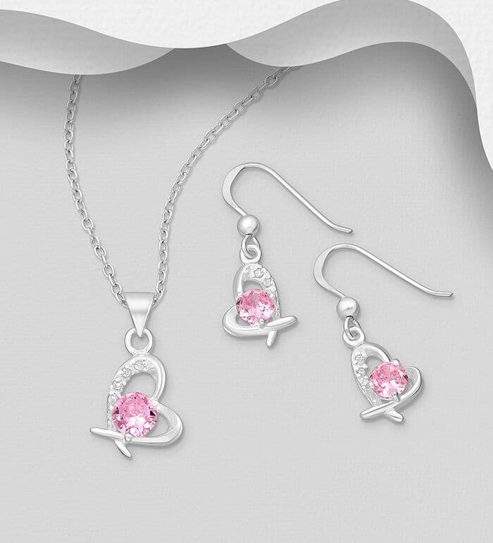 925 Sterling Silver Heart Earrings, Pendant  Jewelry Set, Decorated with CZ Simulated Pink Diamonds