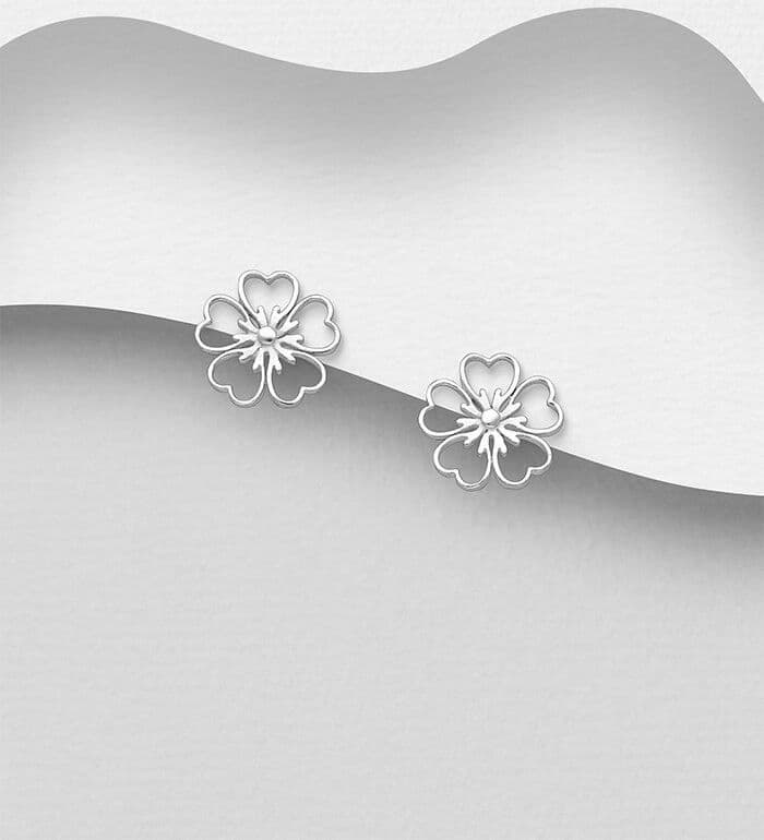 925 Sterling Silver Heart Flower Design Push-Back/Stud Earrings