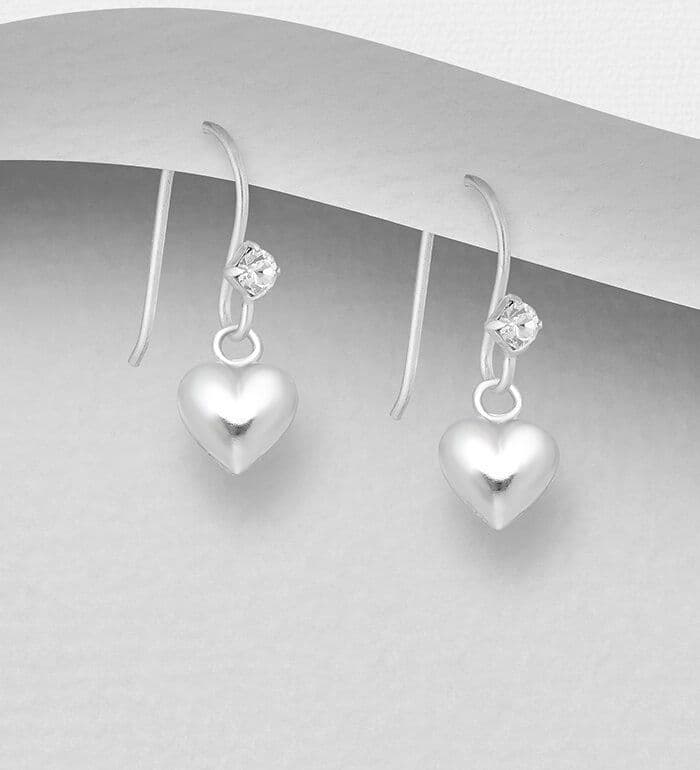 925 Sterling Silver Heart Hook/Drop Earrings set with a Sparkling Crystal