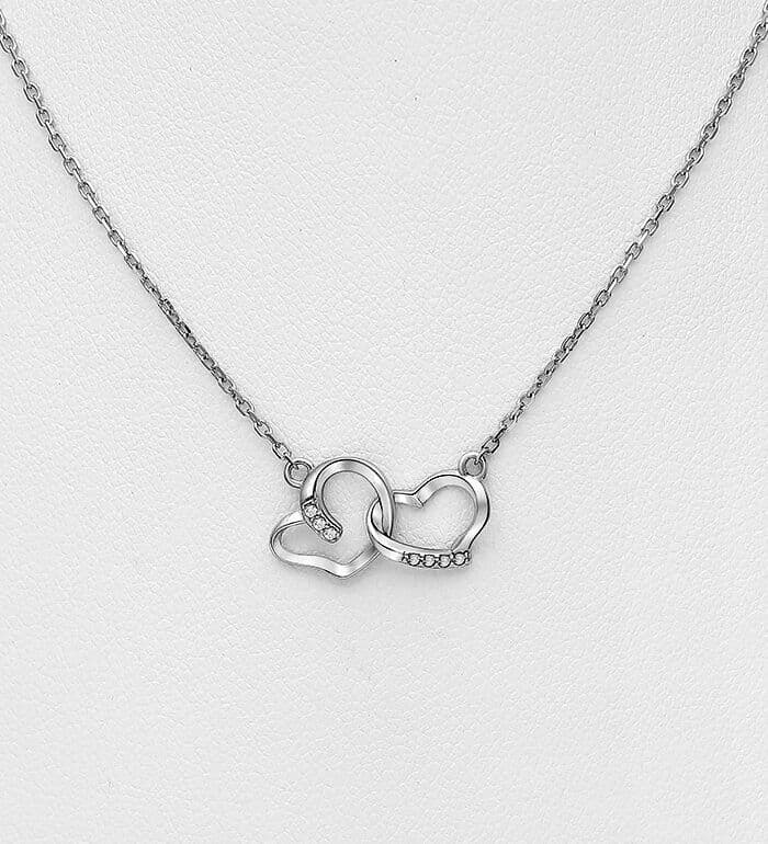 925 Sterling Silver Heart Links Necklace, Decorated with CZ Simulated Diamonds