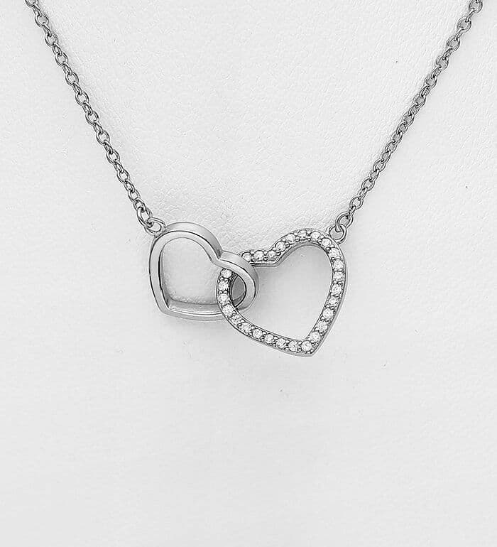 925 Sterling Silver Heart Necklace, Decorated with CZ Simulated Diamonds - Length: 41.9 - 44.4 cm