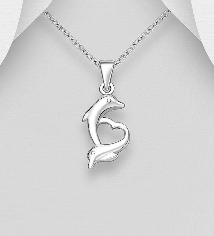 Presenting our exquisite 925 Sterling Silver Dolphin Couple Heart Pendant & Chain.
