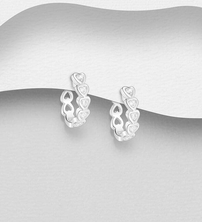 925 Sterling Silver Heart Omega Lock Hoop Earrings, Decorated with CZ Simulated Diamonds