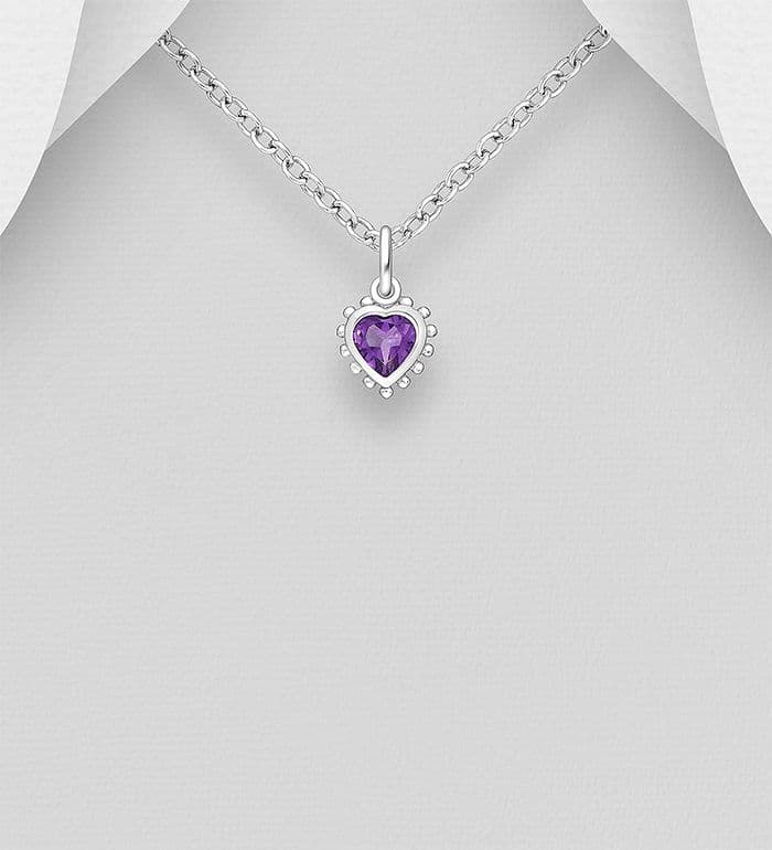 925 Sterling Silver Heart Pendant & Chain, Decorated with Amethyst