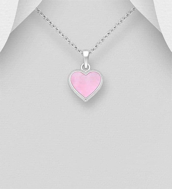 925 Sterling Silver Heart Pendant & Chain-Decorated with Pink Mother of Pearl Shell