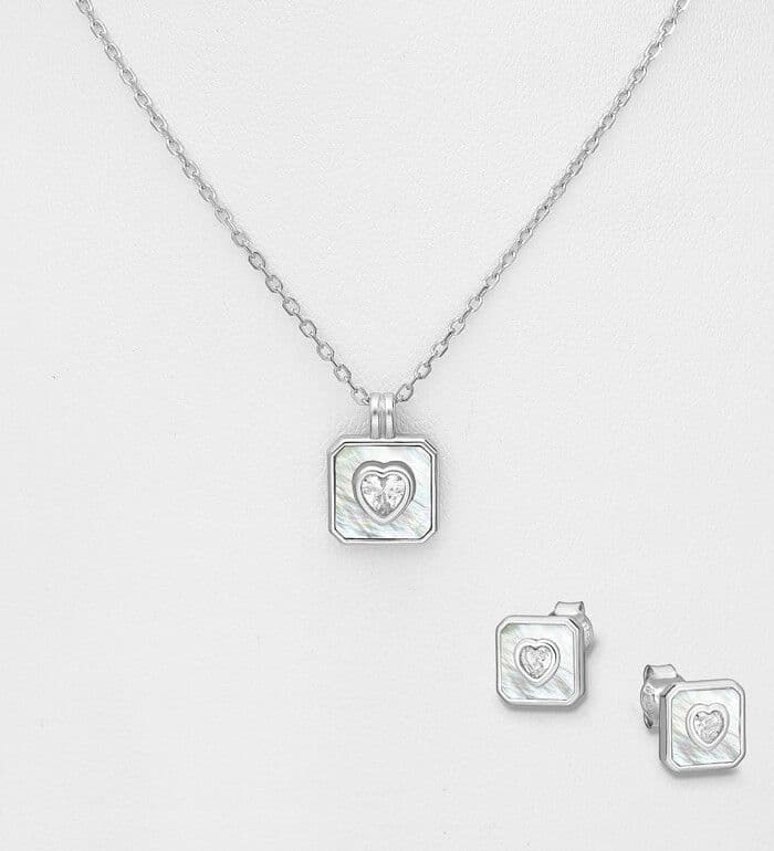 925 Sterling Silver Heart Push-Back Earrings and Necklace Jewelry Set,  Set with Shell