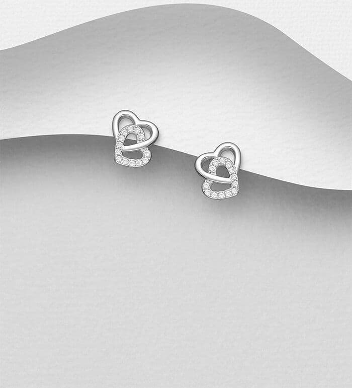 925 Sterling Silver Heart PushBack / Stud Earrings, Decorated with CZ Simulated Diamonds