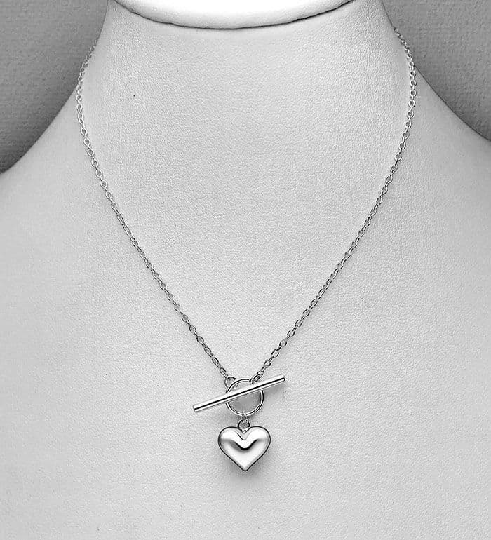 925 Sterling Silver Heart Toggle Clasp Necklace - Length 44.4 cm