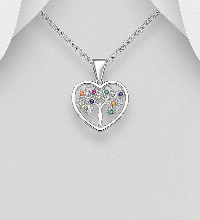 925 Sterling Silver Heart Tree of Life Pendant & Chain, Decorated with Colourful CZ Simulated Diamon