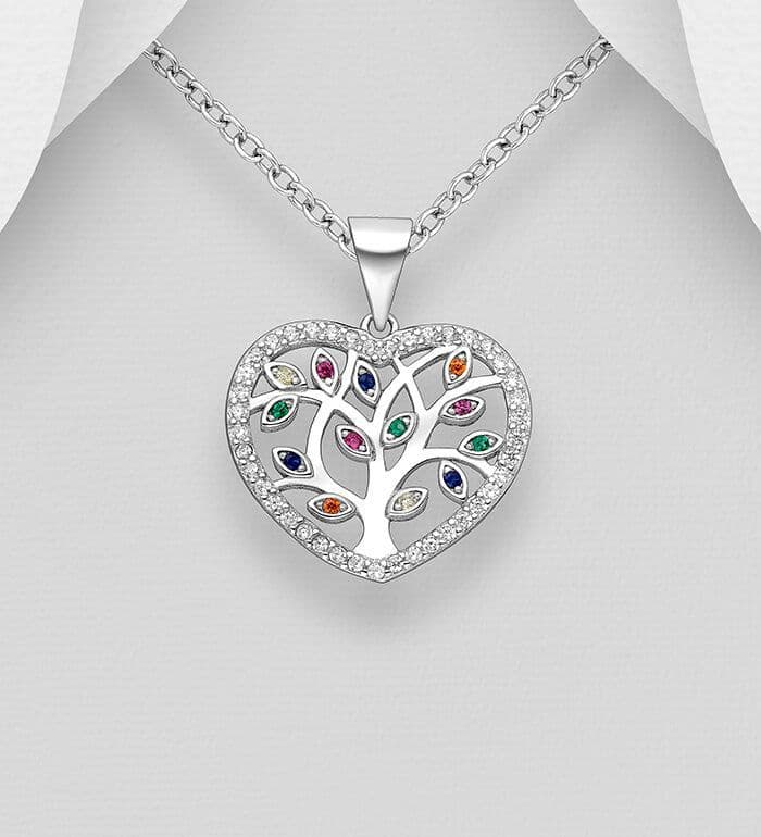 925 Sterling Silver Heart Tree of Life Pendant & Chain with a Rainbow Colourful CZ Stones
