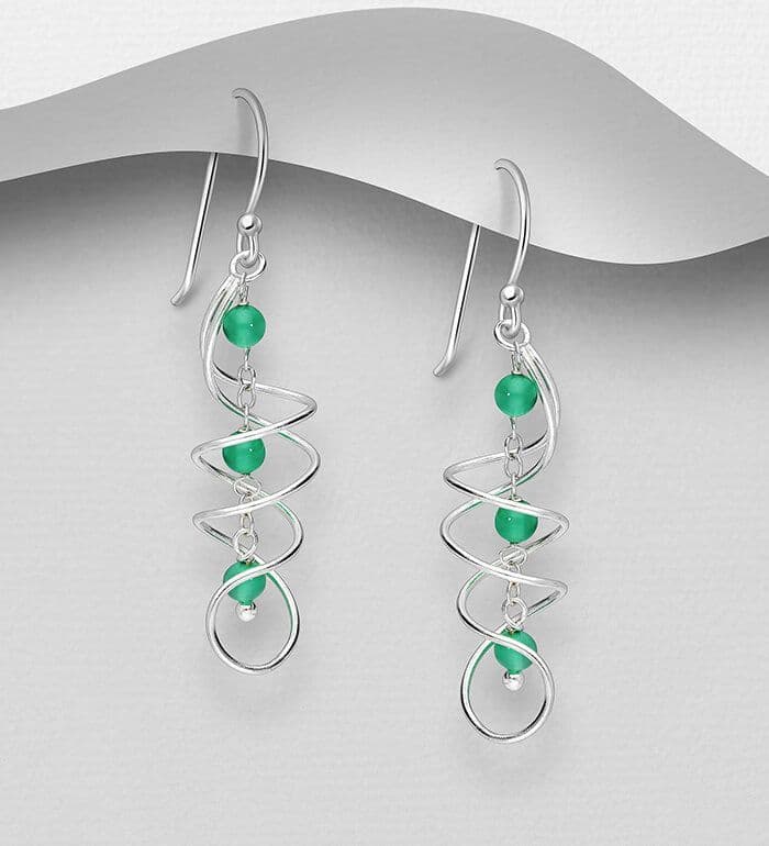 925 Sterling Silver Hook/Drop Earrings, Beaded with Green Onyx Beads