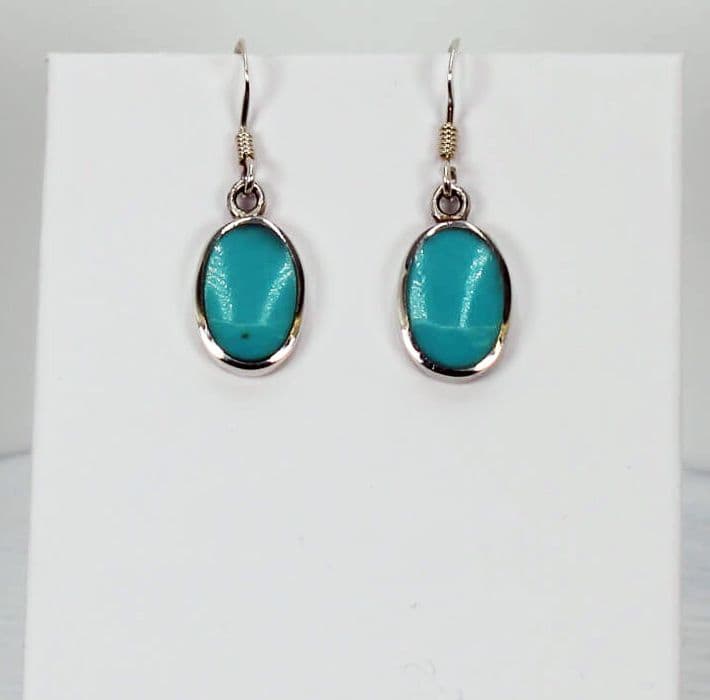 925 Sterling Silver Hook/Drop Oval Earrings  Decorated with Light Blue Resin