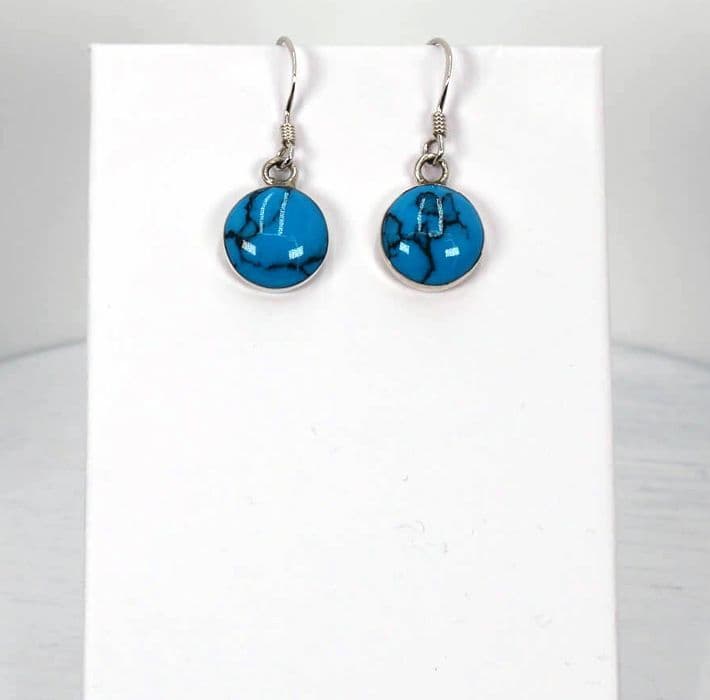 925 Sterling Silver Hook Earrings  Round Light Blue Resin Design