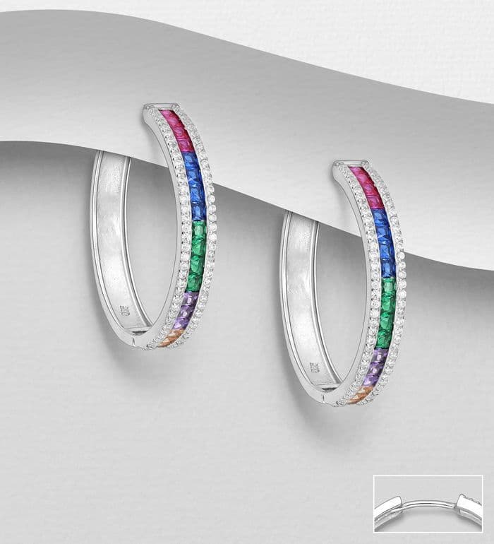 925 Sterling Silver Hoop Earrings, Decorated with Colourful CZ Simulated Diamonds