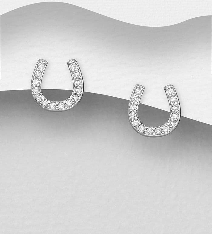 925 Sterling Silver Horseshoe Flat Push-Back Earrings, Decorated with CZ Simulated Diamonds