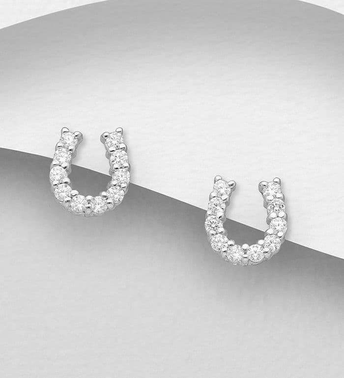 925 Sterling Silver Horseshoe Push-Back Earrings, Decorated with CZ Simulated Diamonds