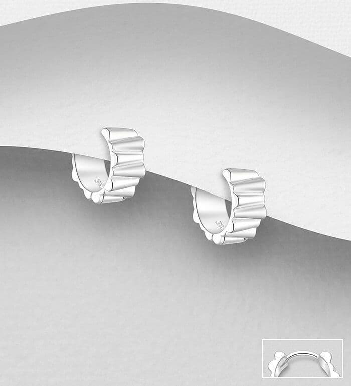 925 Sterling Silver Huggie Type Crinkle Finish Hoop Earrings -12 mm
