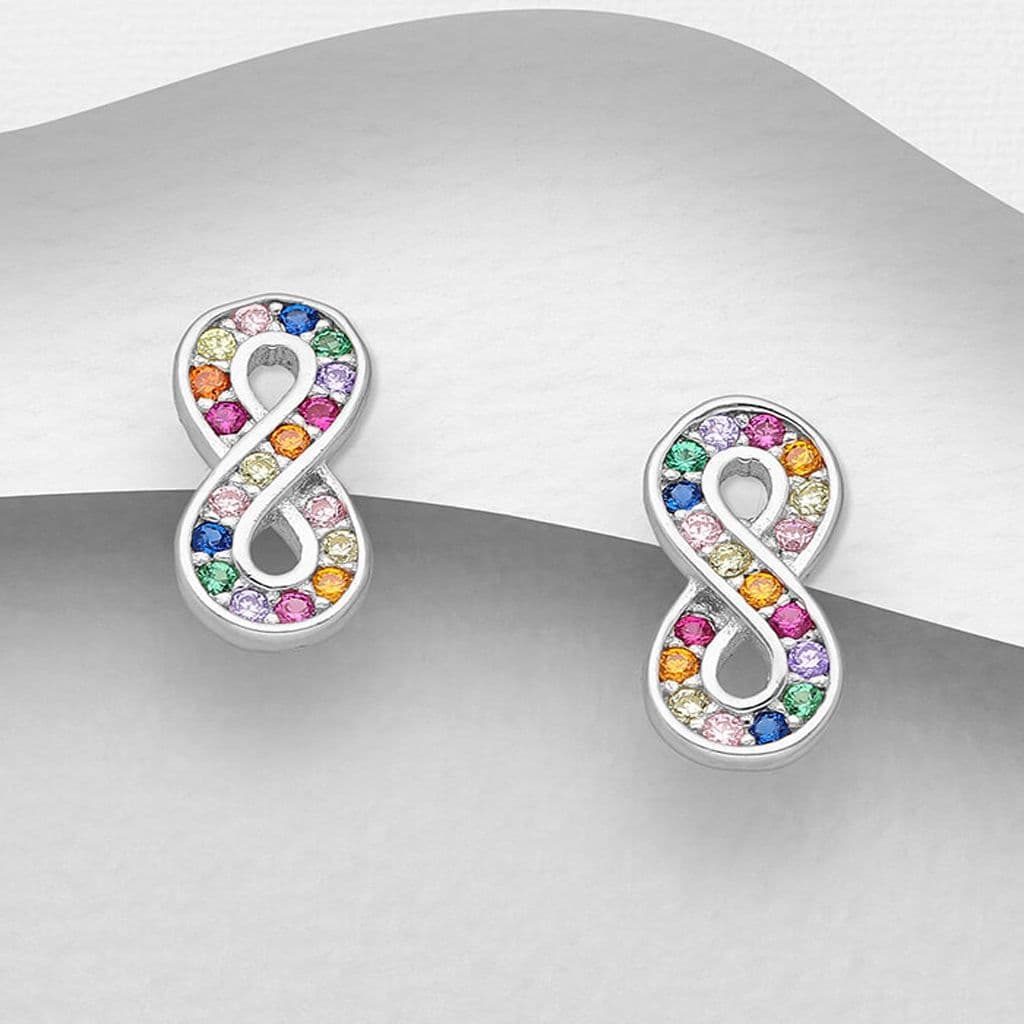 925 Sterling Silver Infinity Push-Back Earrings, Decorated with Colorful CZ Simulated Diamonds
