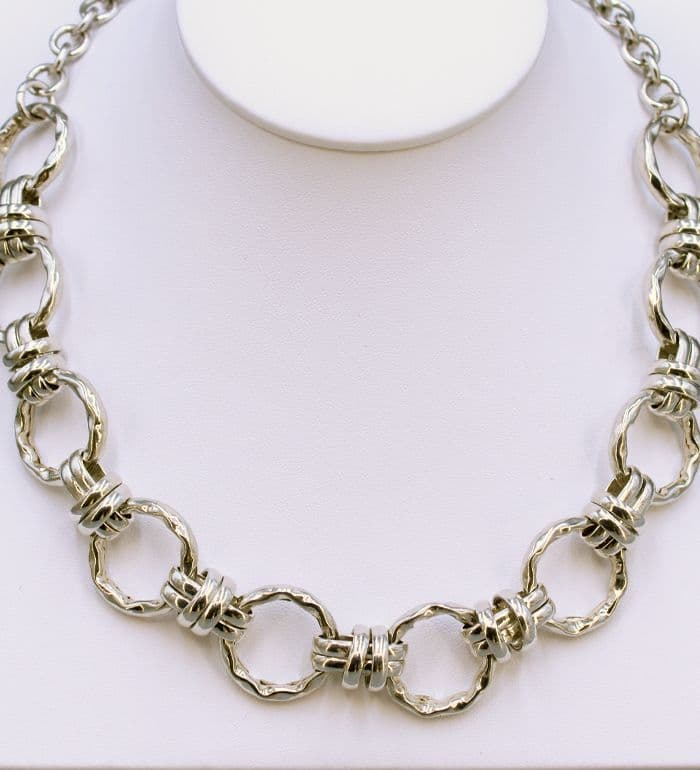 925 Sterling Silver Inspired Hand Crafted Necklace. Round Hammered Links. Exclusive Design