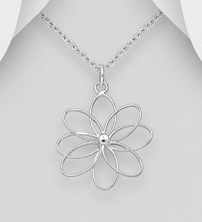 925 Sterling Silver Intricate Open Work Flower Pendant & Chain