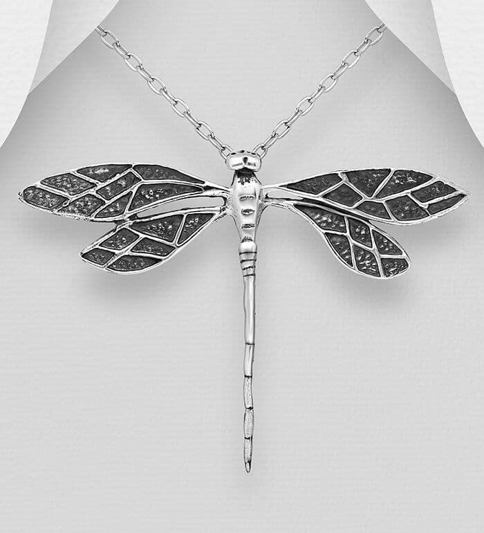 925 Sterling Silver Large Oxidised Dragonfly Pendant & Chain - Style meets nature