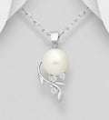 925 Sterling Silver Leaf Pendant & Chain Decorated With Fresh a  Water Pearl and Simulated Diamonds