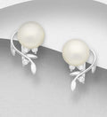 925 Sterling Silver Leaf Stud Earrings, Decorated with  Freshwater Pearls and CZ Simulated Diamonds