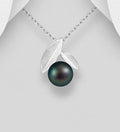 925 Sterling Silver Matte Leaf Pendant Decorated & Chain with a Black Dyed Freshwater Pearl