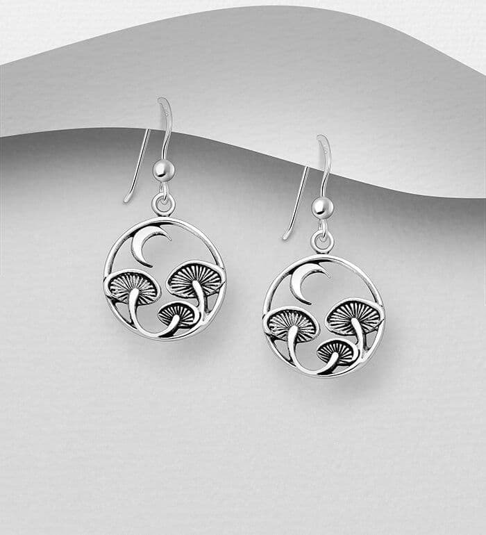 925 Sterling Silver Mushroom & Moon Hook Earrings  Whimsical Charm Meets Celestial Style