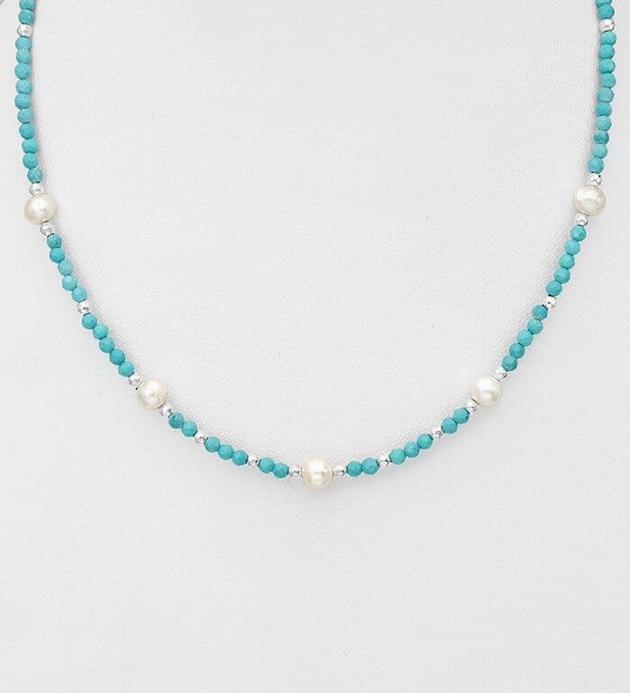 925 Sterling Silver Necklace, Beaded with Reconstructed Turquoise and Freshwater Pearls