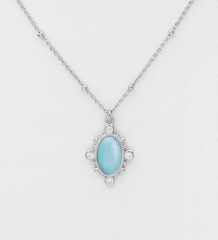 925 Sterling Silver Necklace, Decorated with Light Blue Resin and CZ Simulated Diamonds