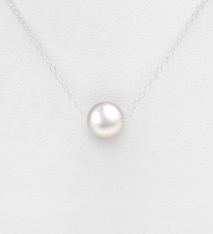 925 Sterling Silver Necklace with a White Freshwater Pearl  Length: 15"-17"